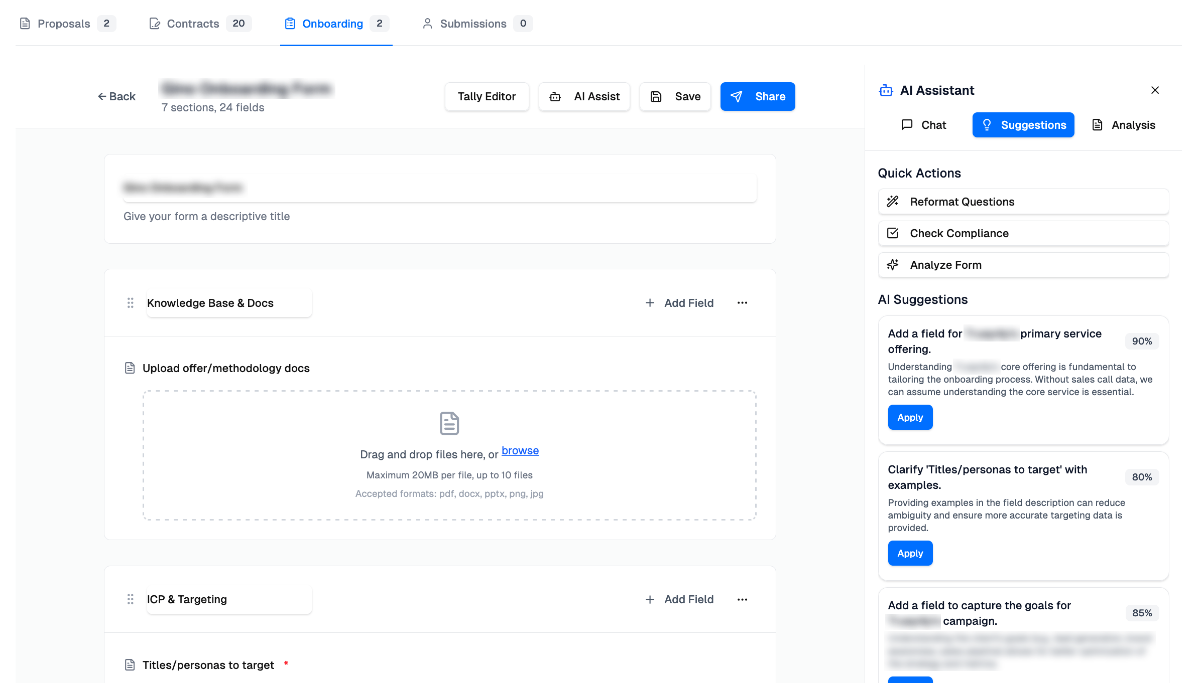 Onboarding AI generating structured client intake forms